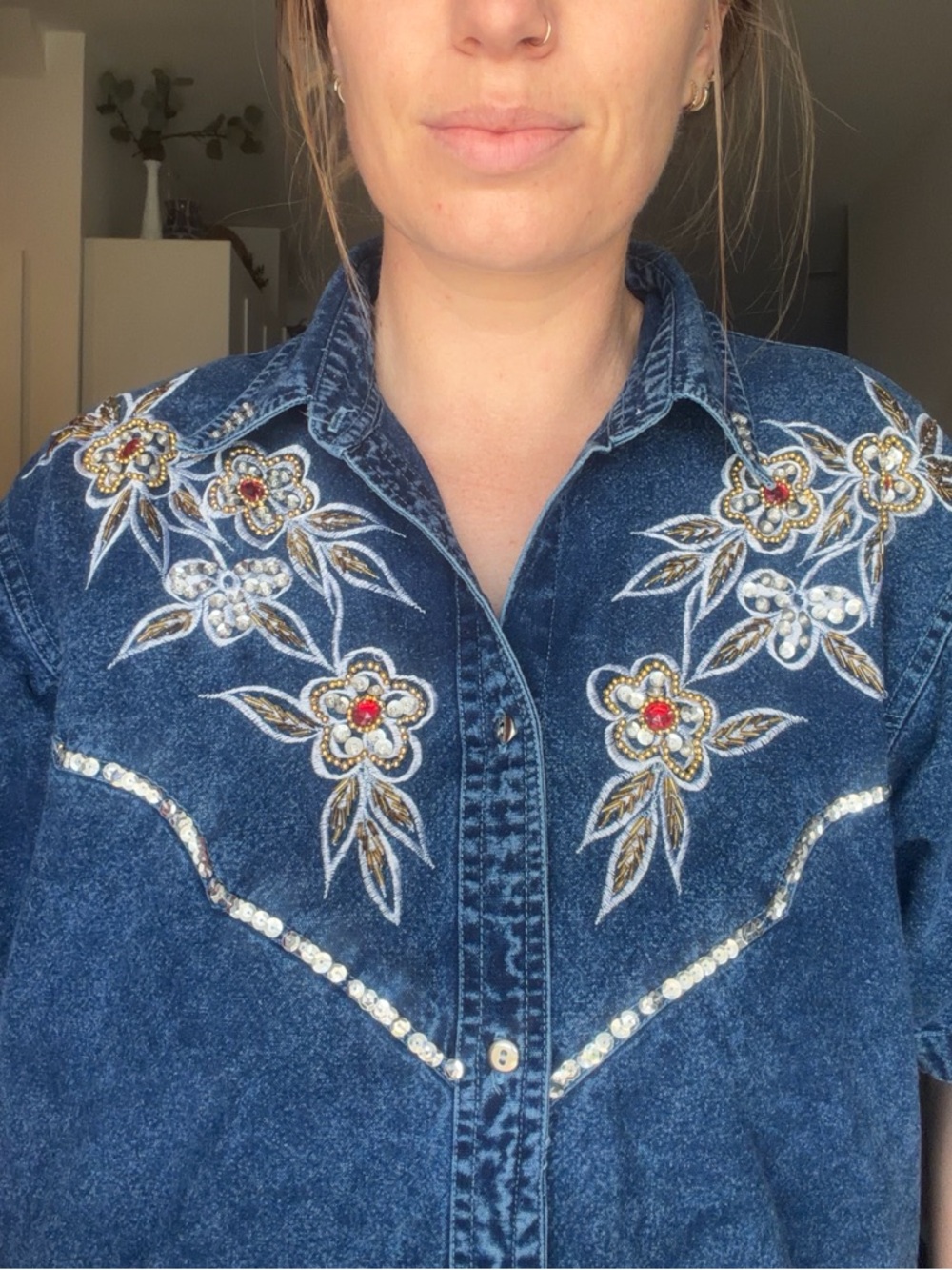 Vintage Dolly Denim Dark Blue Embroidered Denim Midi Dress - Picture 12 of 14